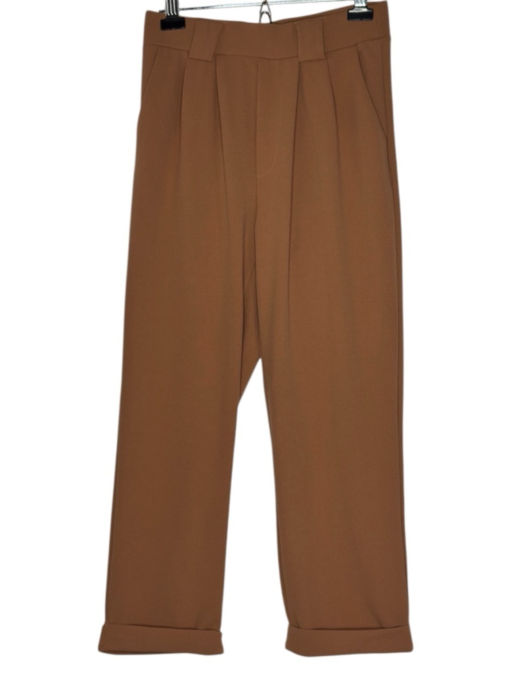 Soho Apparel Brown Pleated Pants Size L High Rise Cropped Tapered Minimalist - Picture 3 of 11